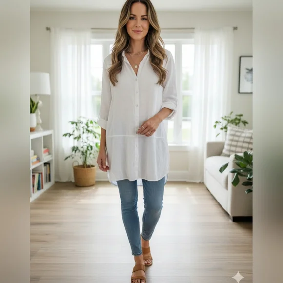 Tahari 100% Linen White Lagenlook Relaxed Tunic Button Down Shirt Sz Small - Picture 4 of 6